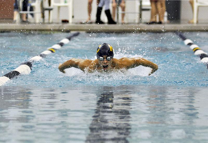 Senior Timothy Tran swims the fly at their goul in the pool meet.
