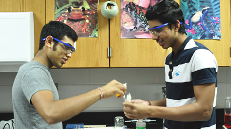 Senior Eshaan Patel participates in a lab in his AP Chemistry class.
