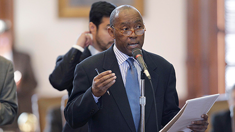 Rep. Turner Sylvester, left, D-Houston, asks questions about the proposed Texas budget,  Wednesday, Jan. 19, 2011 in Austin, Texas. The proposed state budget looks to make a staggering $5 billion cut to public schools to make up for a  $15 billion state revenue shortfall.  (AP Photo/Eric Gay)