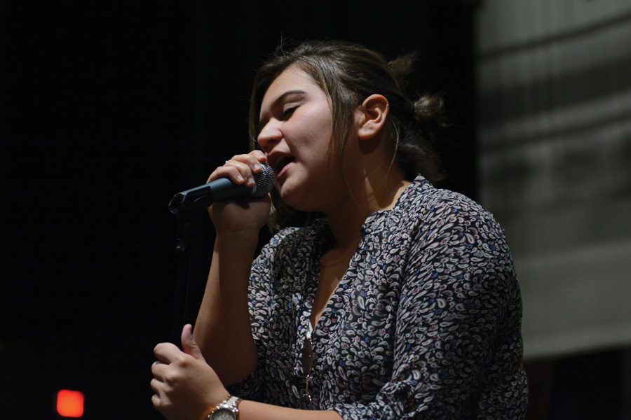 Standing+on+the+stage%2C+senior+Karlee+Dominguez+sings+for+the+jazz+band+in+the+auditorium.+%E2%80%9CI+have+Been+thinking+about+this+for+a+while%2C+so+I+talked+to+my+band+director+and+that%E2%80%99s+where+it+all+began%2C%E2%80%9D+Dominguez+said.