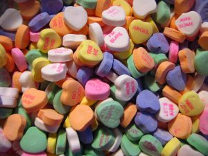 Message hearts are a popular candy given out during Valentines Day